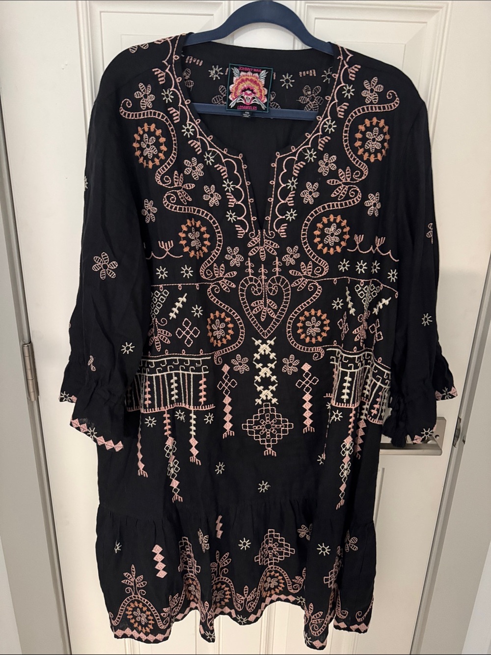 Johnny Was Embroidered Black Midi Dress with Pink Accents